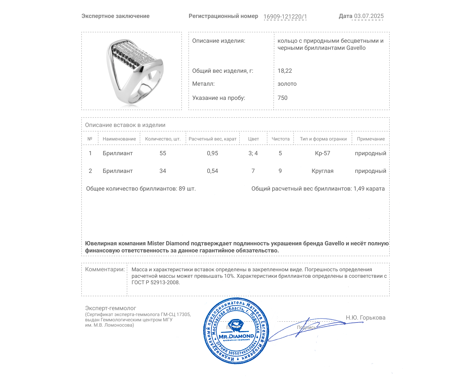 Оригинальное золотое кольцо с бриллиантами 1.49ct Gavello