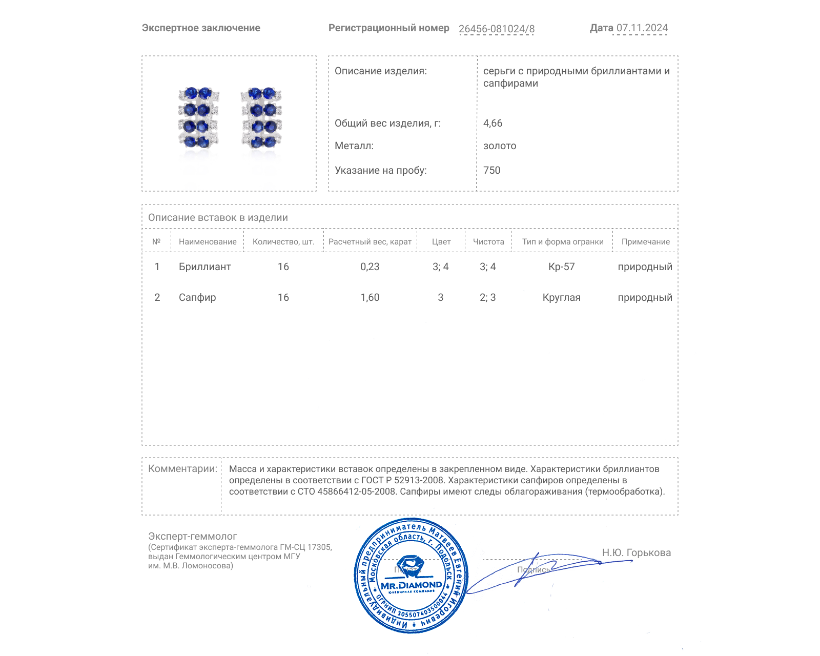 Золотые серьги с сапфирами 1.60ct и бриллиантами 0.23ct