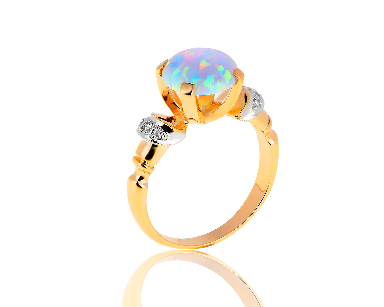 Волшебное золотое кольцо с опалом и бриллиантами 0.08ct