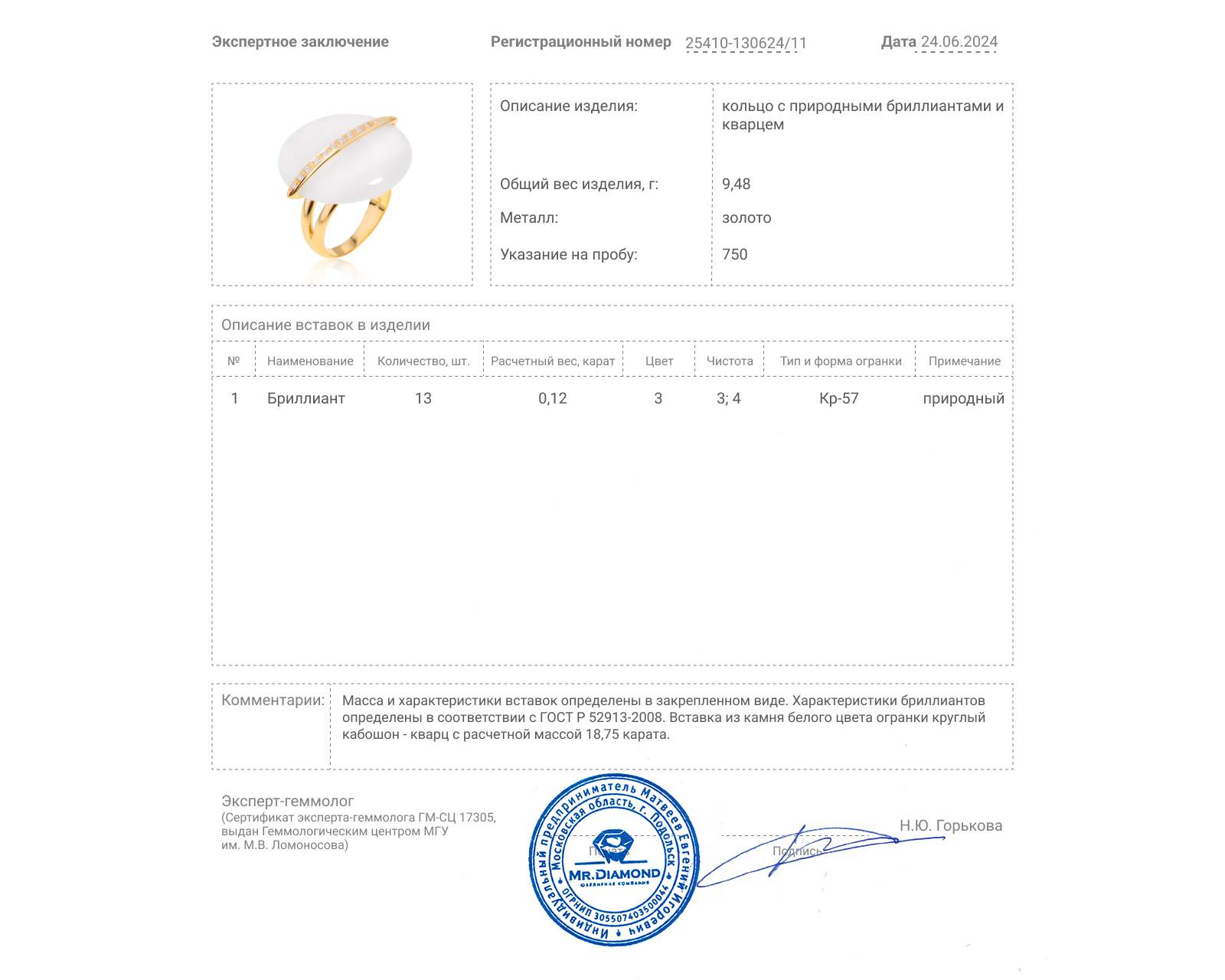 Золотое кольцо с кварцем 18.75ct и бриллиантами 0.12ct