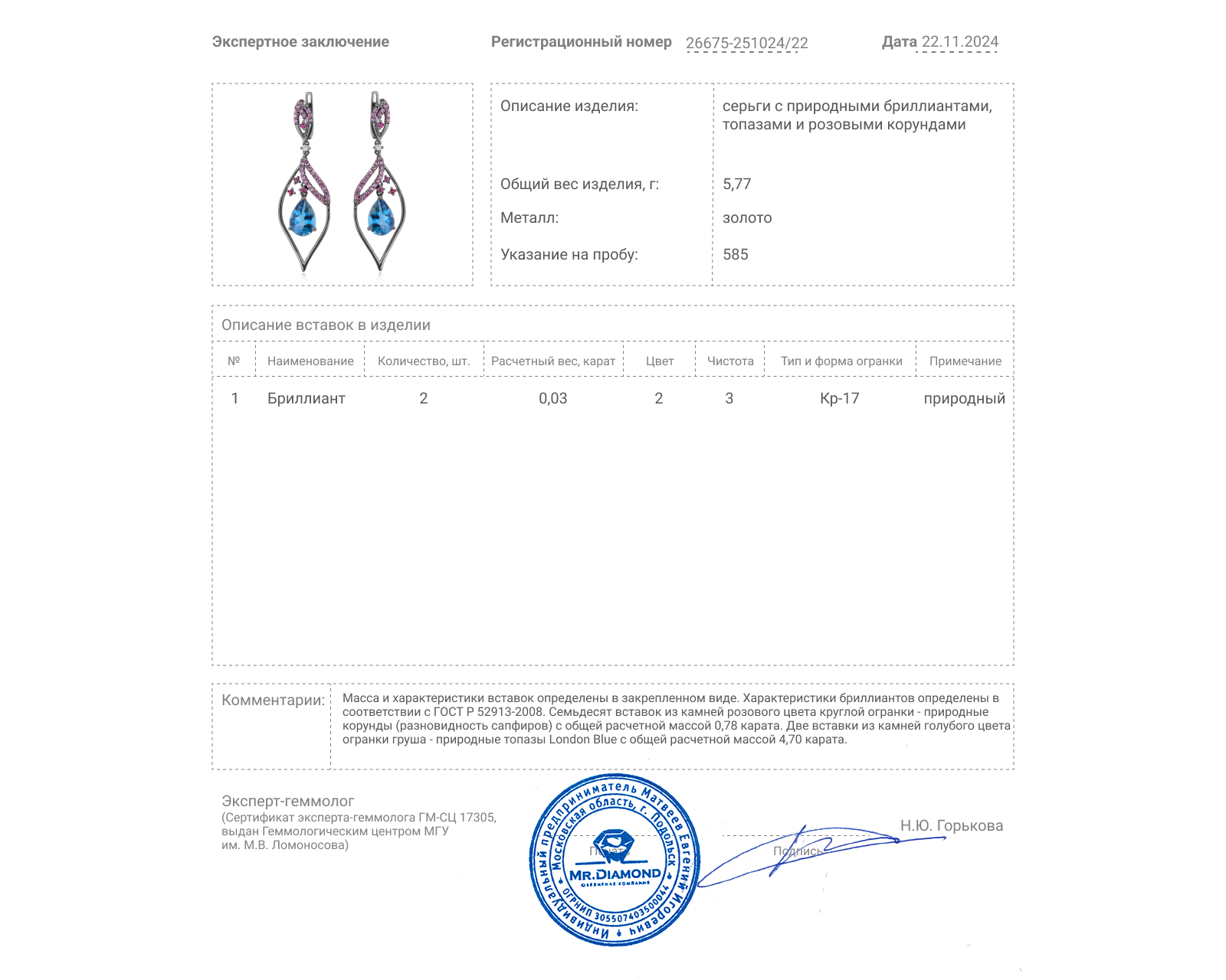 Золотые серьги с топазами 4.70ct и корундами 0.78ct