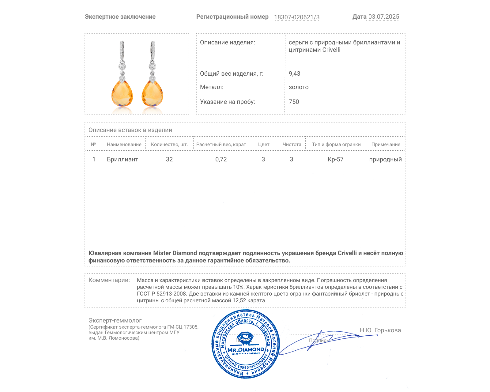 Оригинальные золотые серьги с цитринами 12.52ct Crivelli