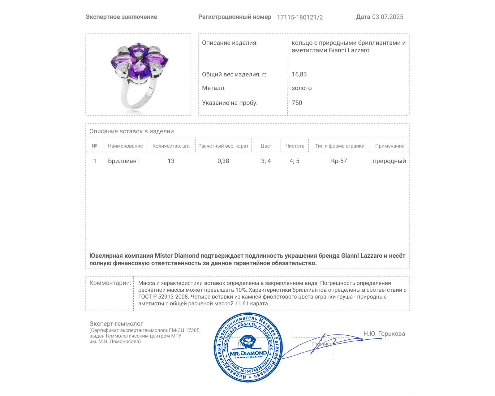 Оригинальное золотое кольцо с аметистами 11.61ct Gianni Lazzaro