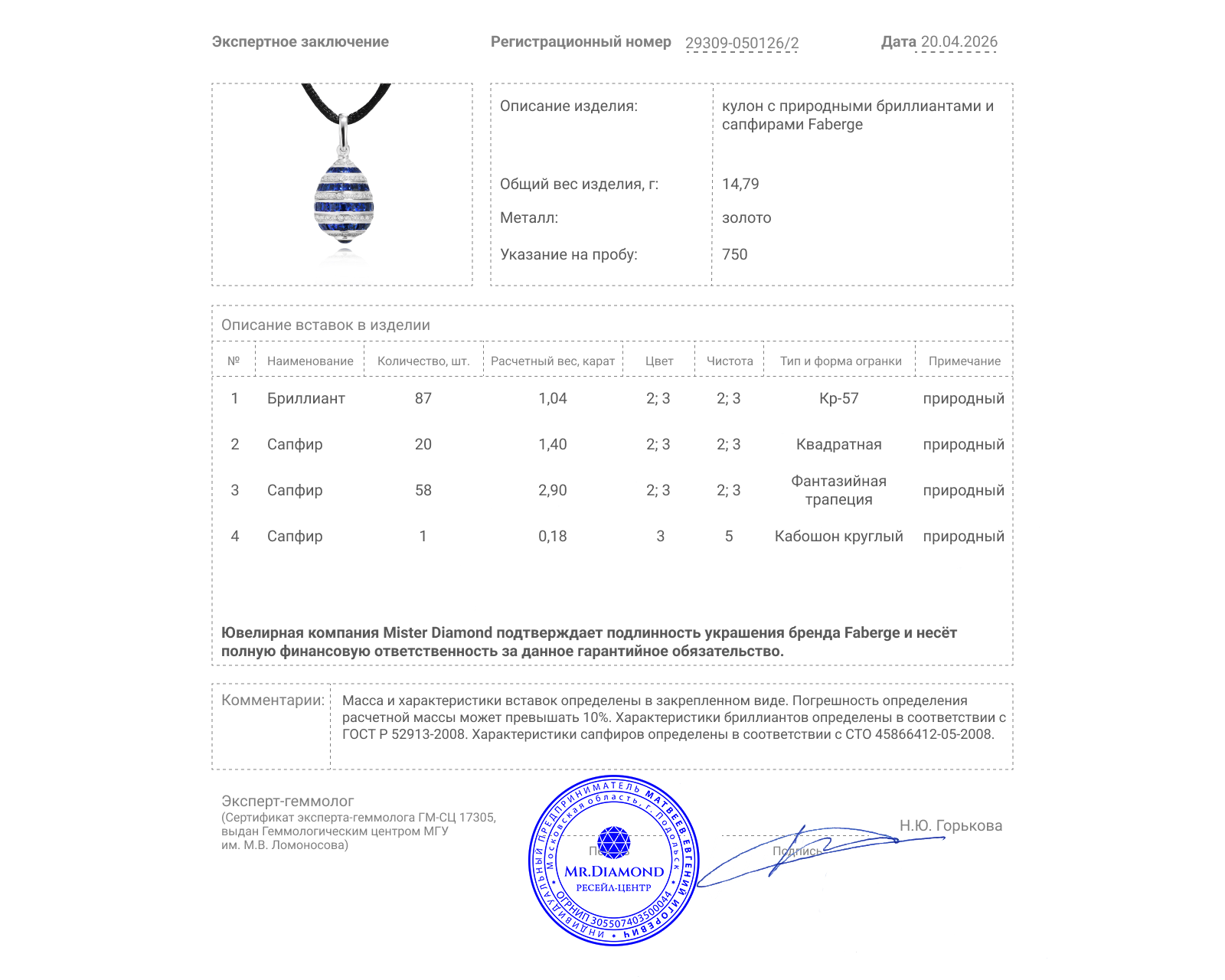 Оригинальный золотой кулон с сапфирами 4.48ct Faberge Egg