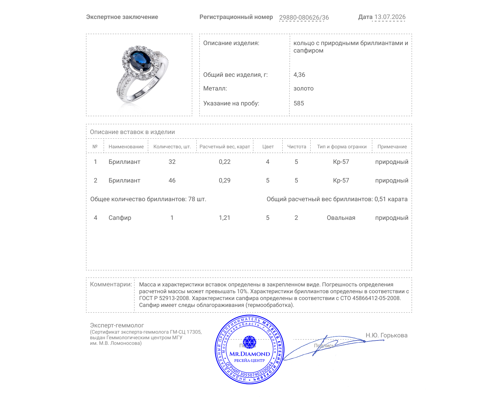 Золотое кольцо с сапфиром 1.21ct и бриллиантами 0.51ct