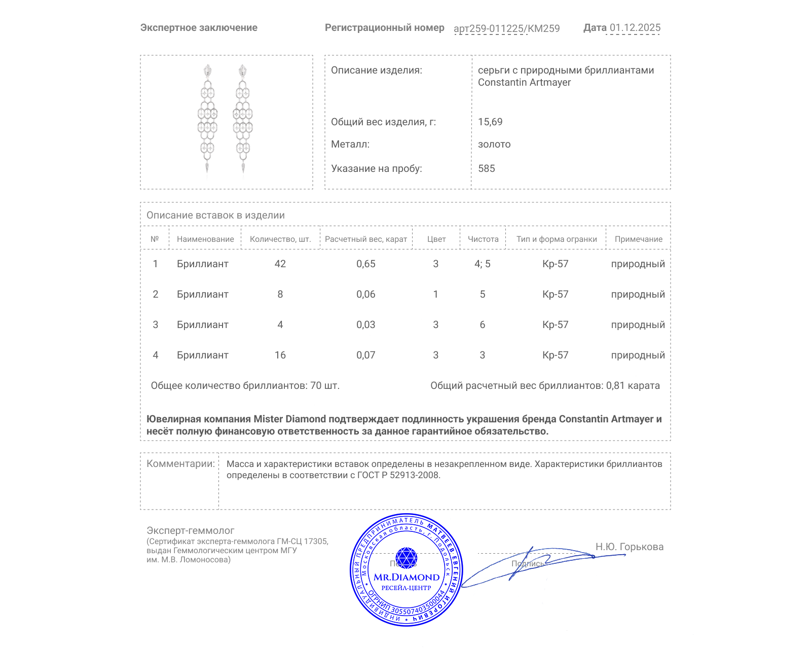 Оригинальные золотые серьги с бриллиантами 0.81ct Constantin Artmayer