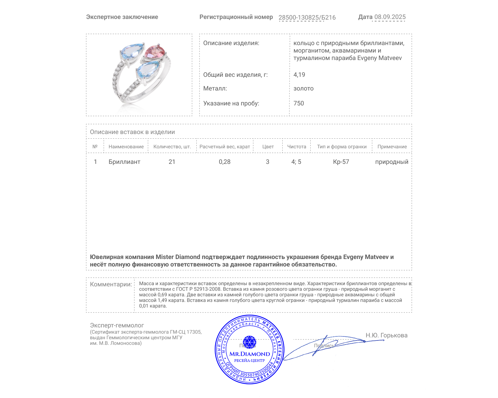 Золотое кольцо с морганитом 0.69ct и аквамаринами 1.49ct Evgeny Matveev