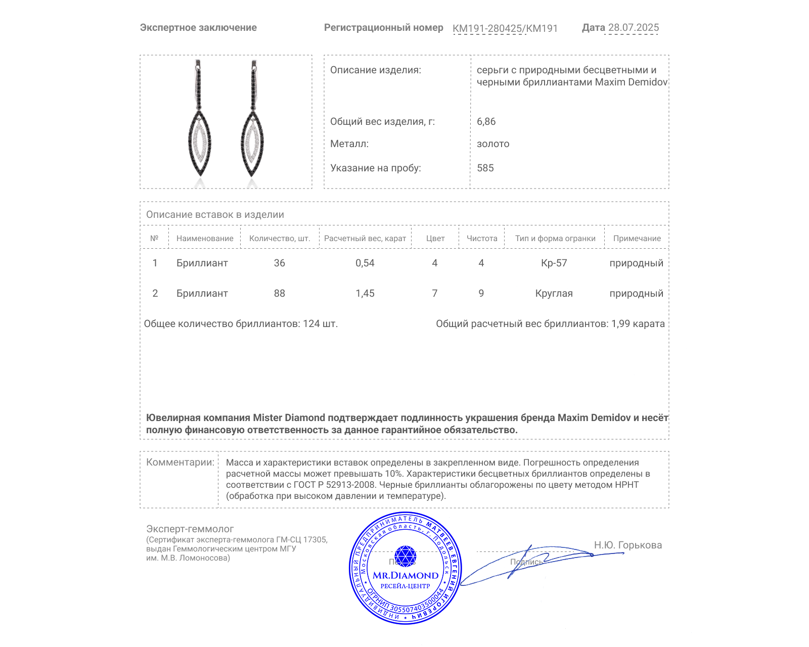 Оригинальные золотые серьги с бриллиантами 1.99ct Maxim Demidov