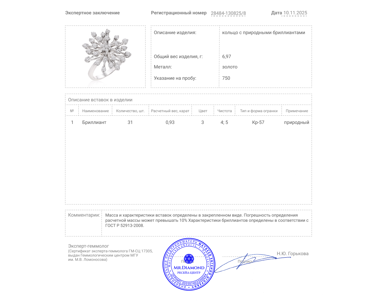 Золотое кольцо с бриллиантами 0.93ct