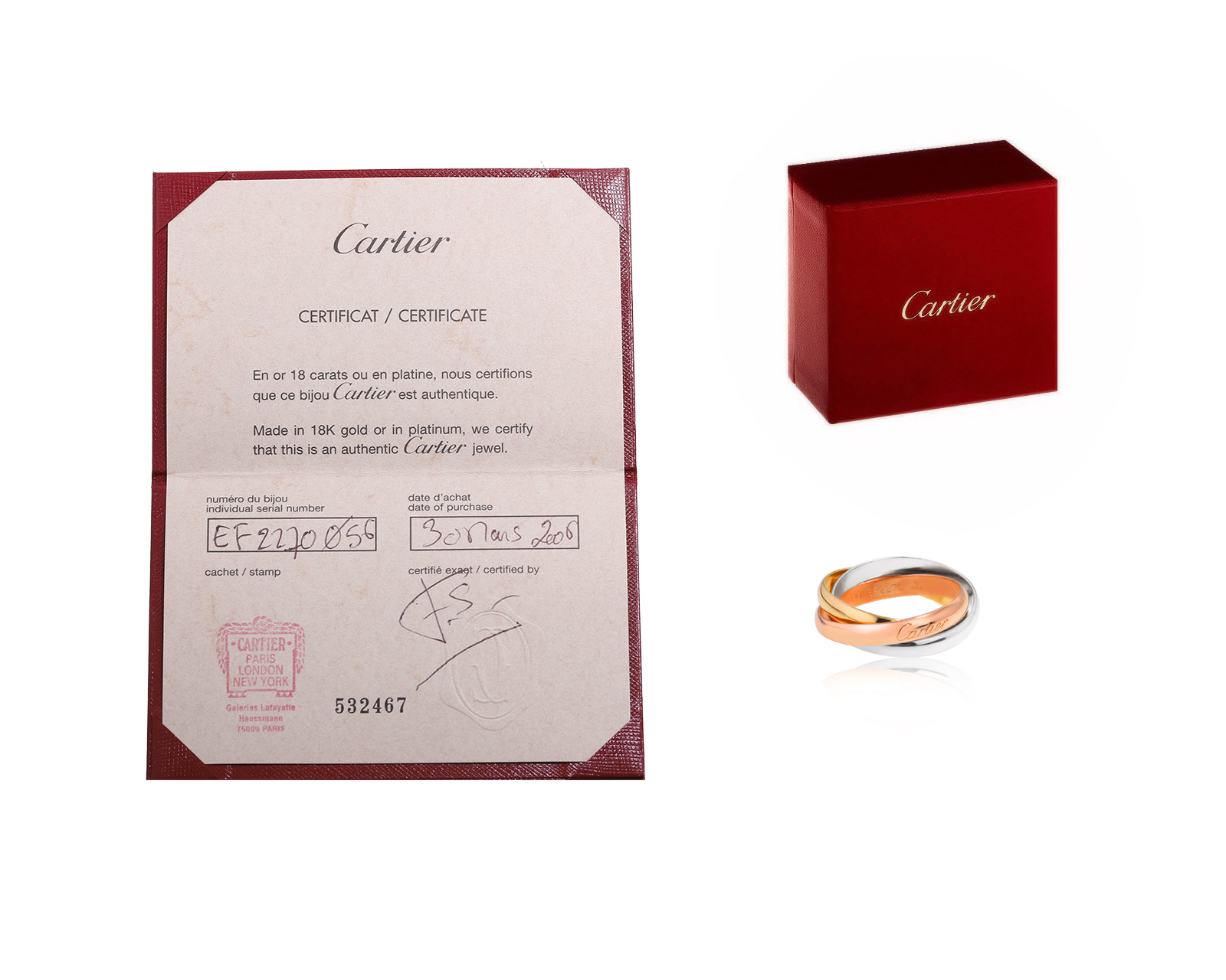 Оригинальное золотое кольцо Cartier Trinity