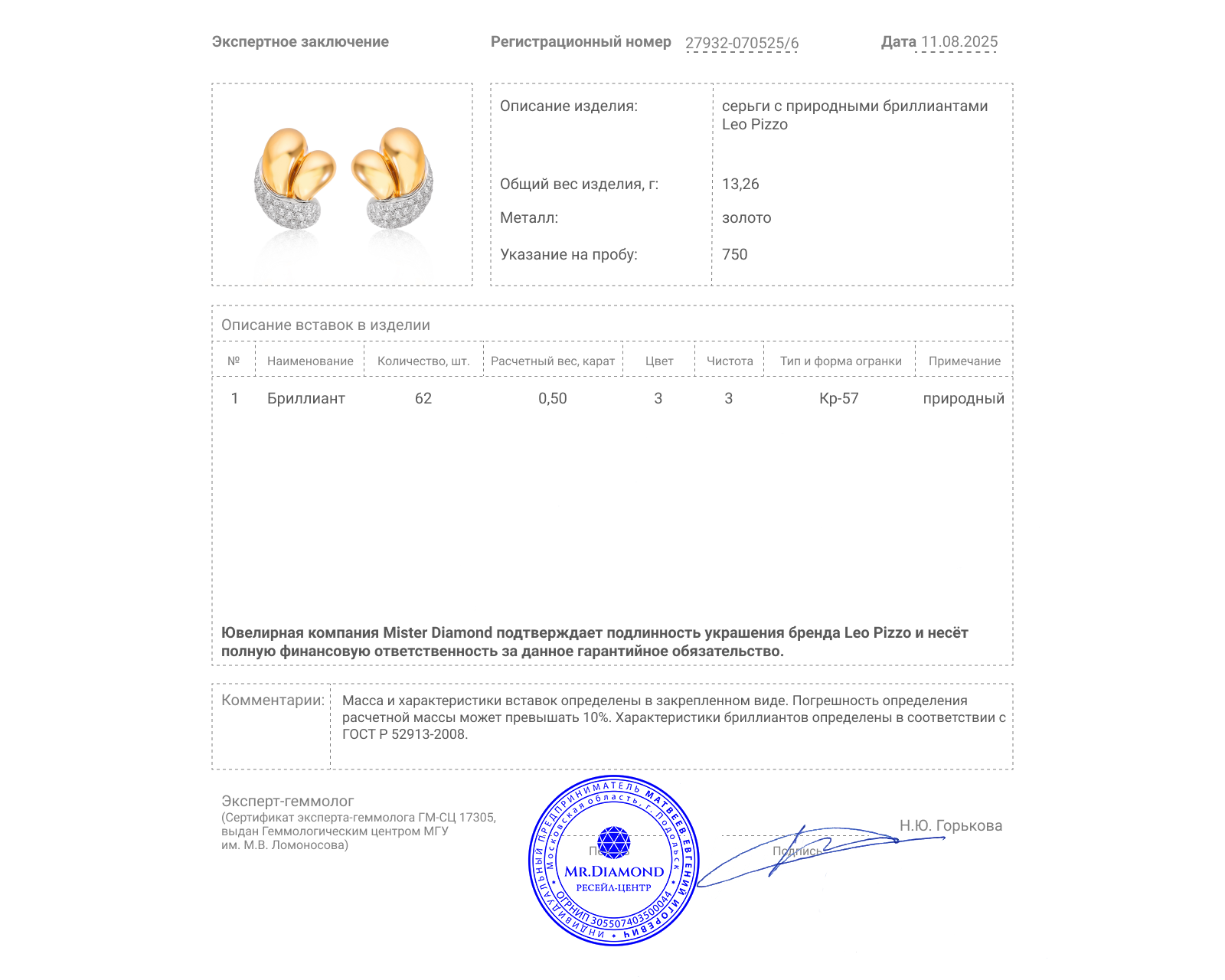 Оригинальные золотые серьги с бриллиантами 0.50ct Leo Pizzo