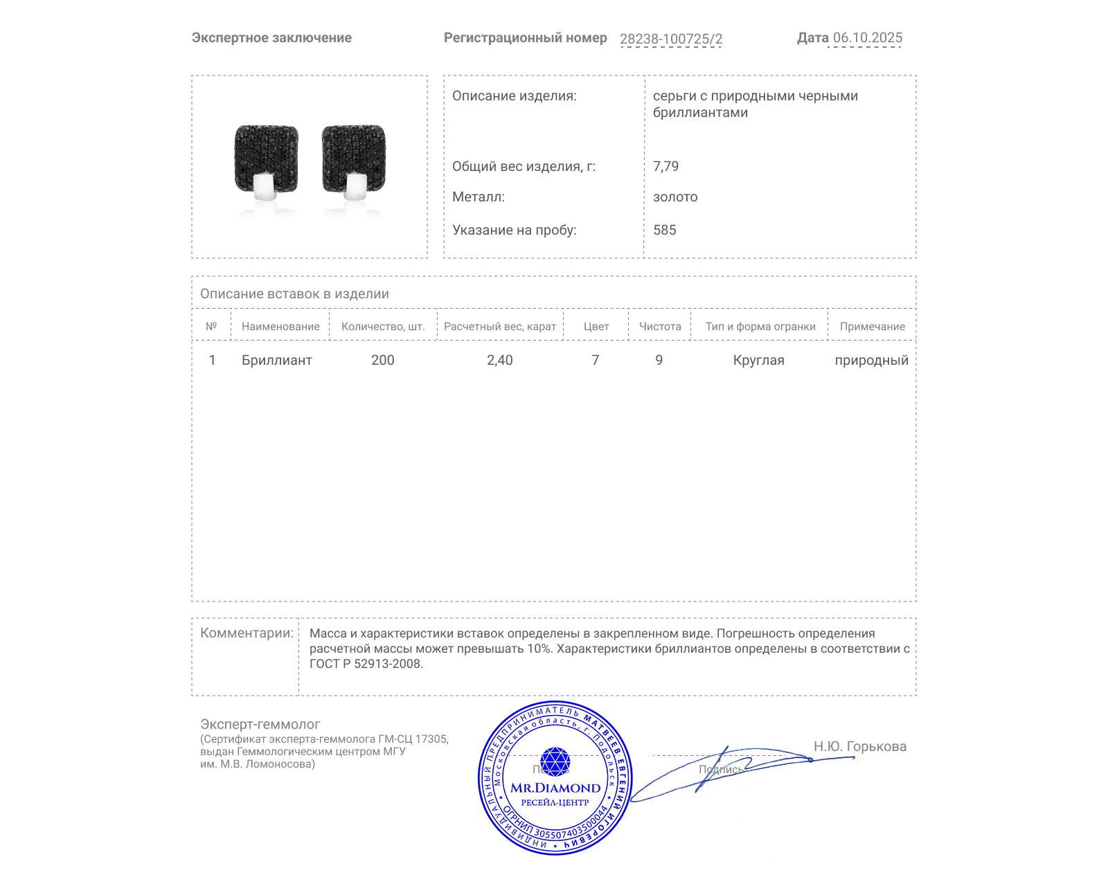Золотые серьги с черными бриллиантами 2.40ct