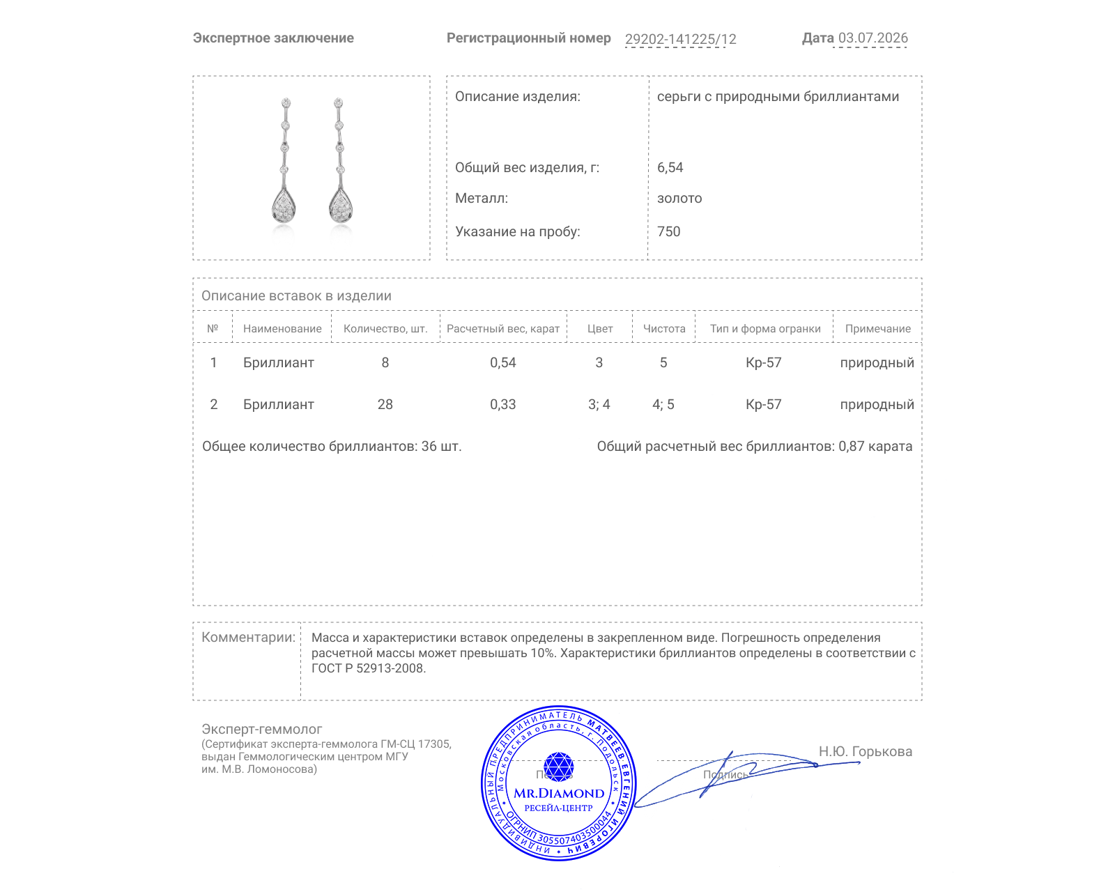 Золотые серьги с бриллиантами 0.87ct