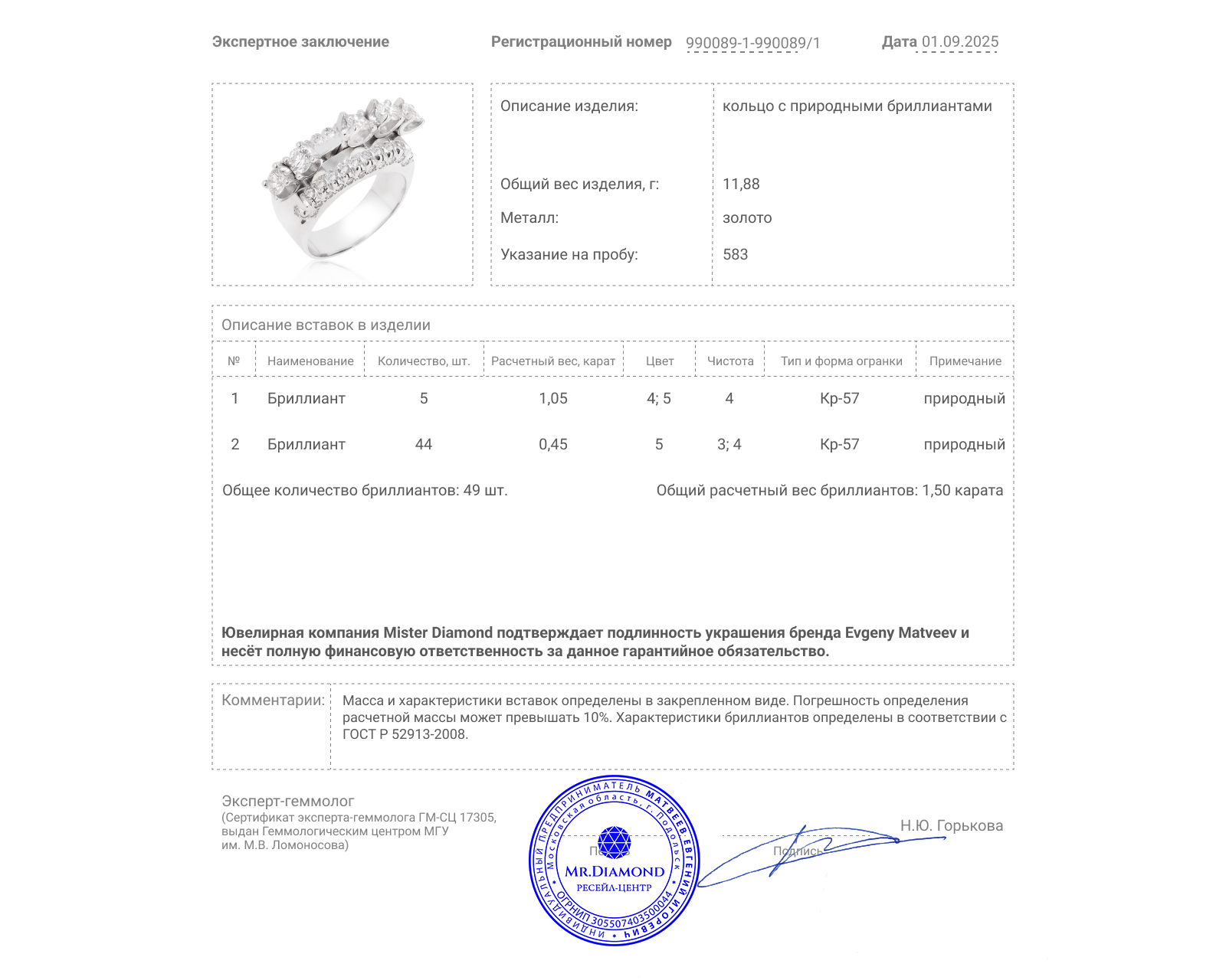 Золотое кольцо с бриллиантами 1.50ct