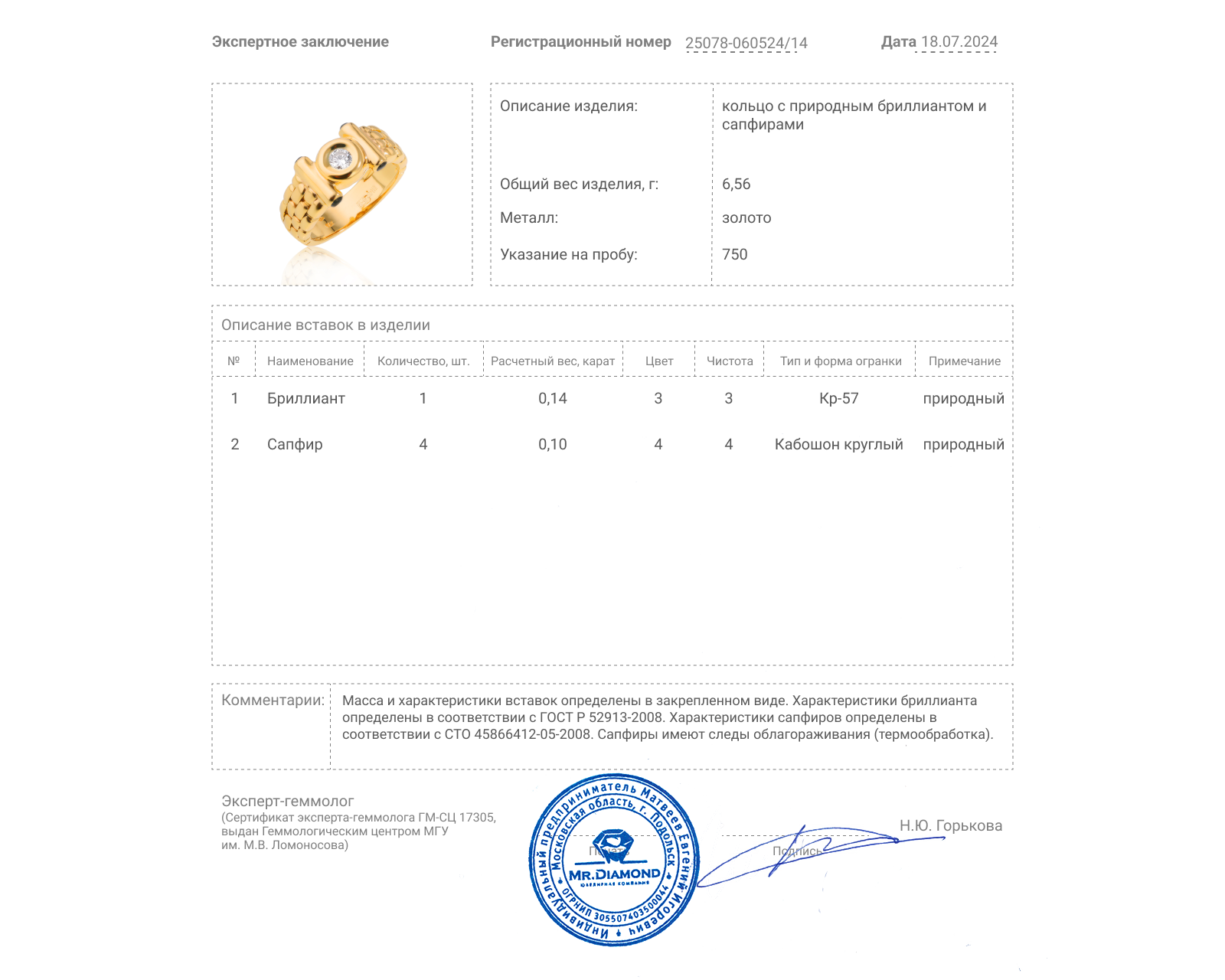 Золотое кольцо с сапфирами 0.10ct и бриллиантом 0.14ct