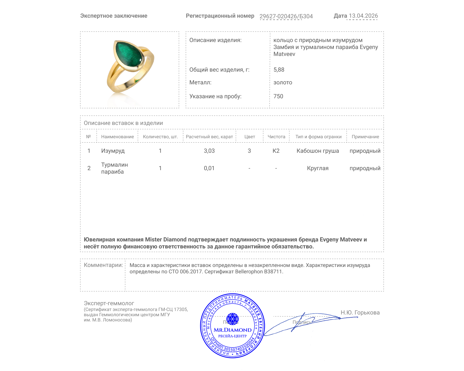 Золотое кольцо с изумрудом Замбия 3.03ct Evgeny Matveev