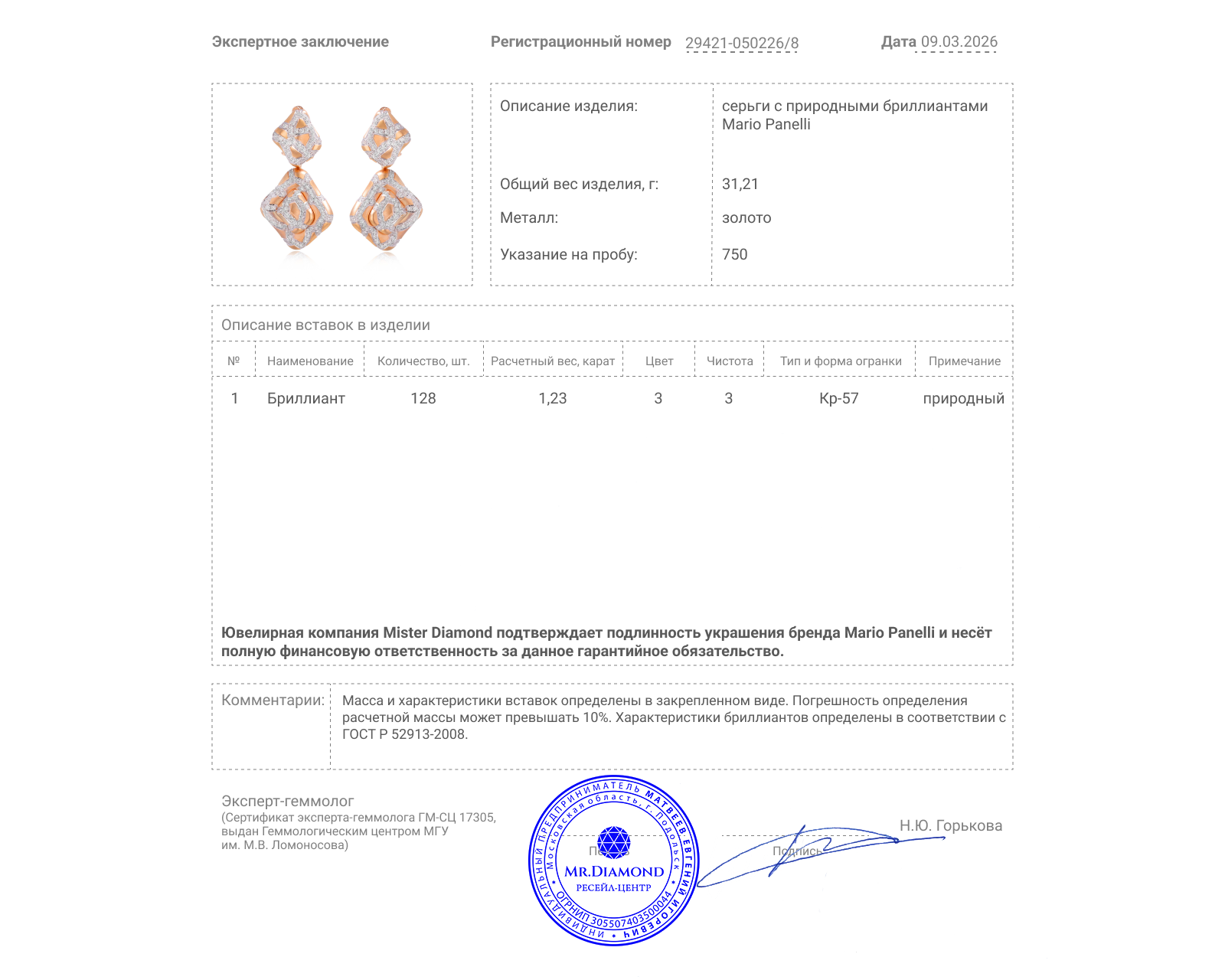 Оригинальные золотые серьги с бриллиантами 1.23ct Mario Panelli