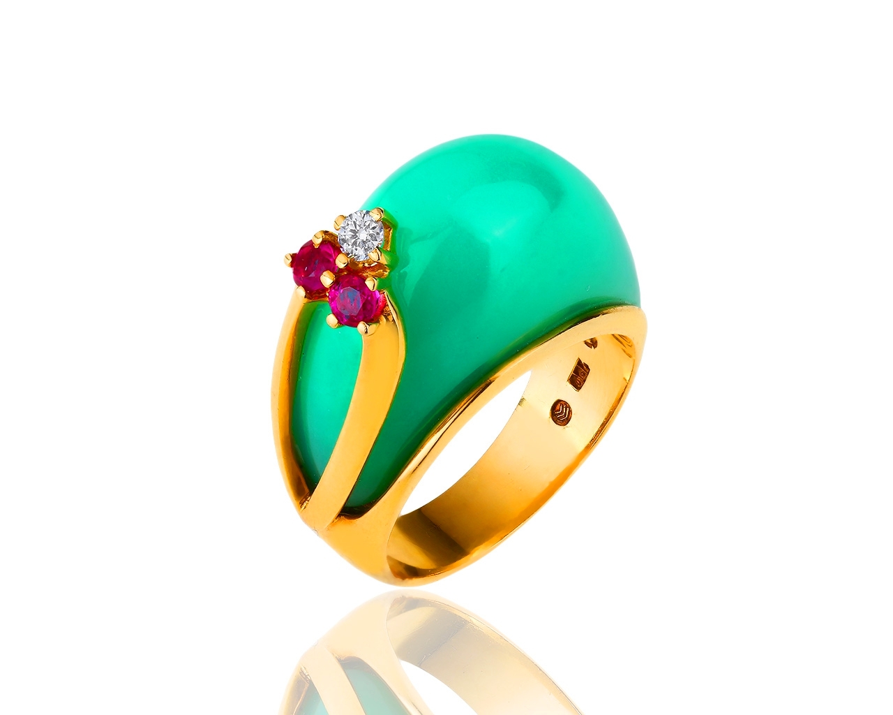 Яркое золотое кольцо с хризопразом и бриллиантом 0.06ct 230219/2