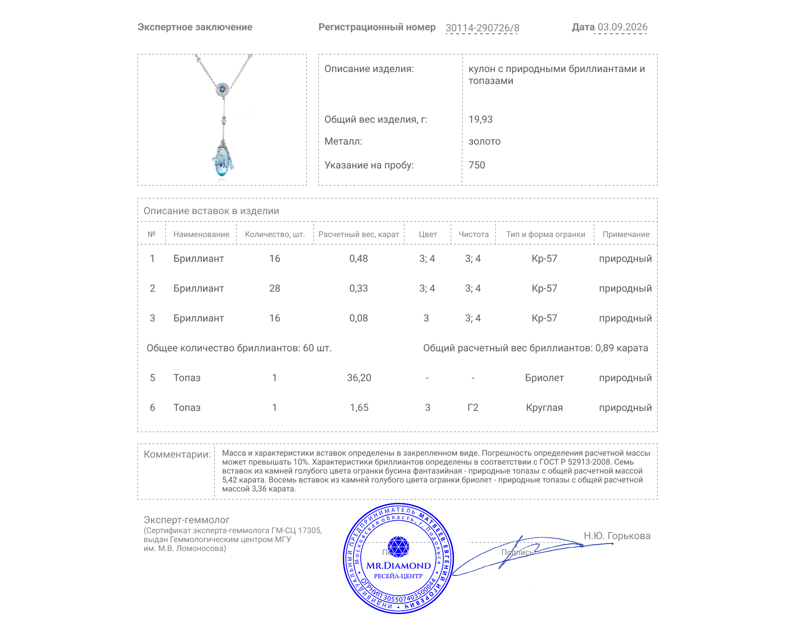 Золотой кулон с топазами 46.63ct и бриллиантами 0.89ct