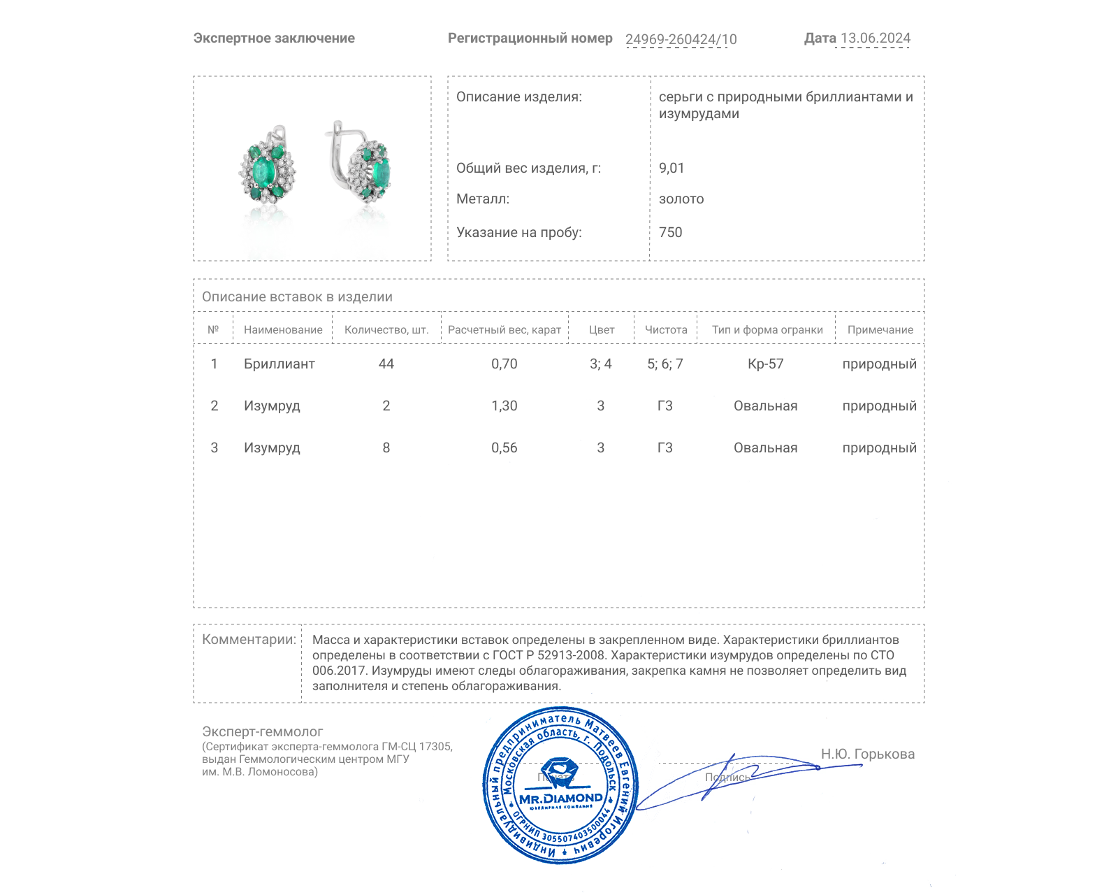 Золотые серьги с изумрудами 1.86ct и бриллиантами 0.70ct