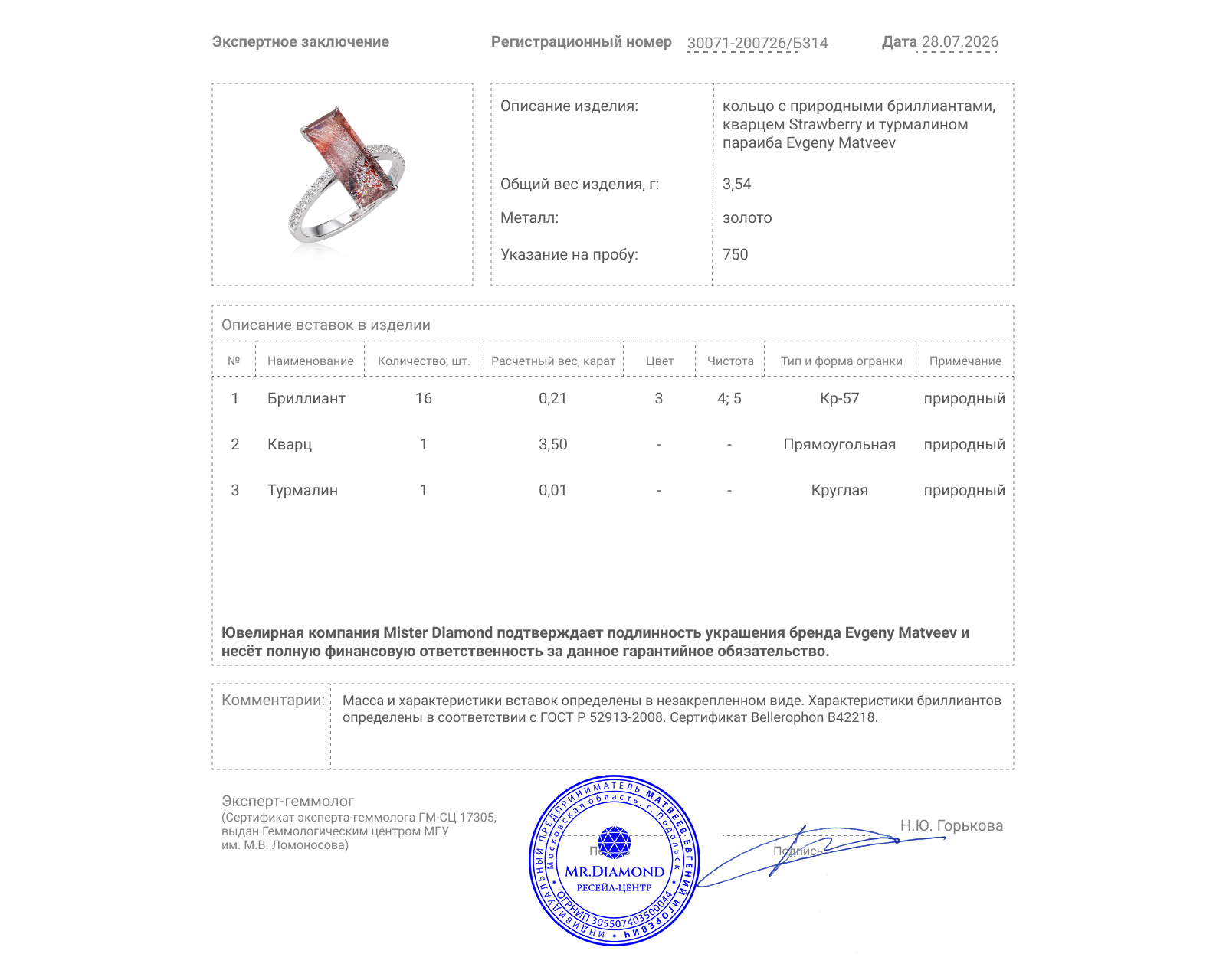 Золотое кольцо с кварцем Strawberry 3.50ct Evgeny Matveev