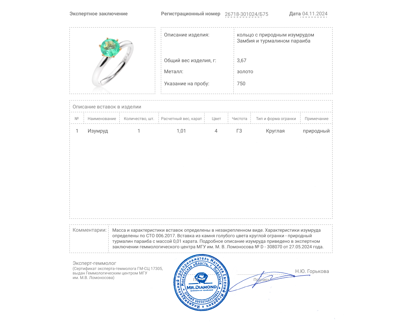 Золотое кольцо с изумрудом Замбия 1.01ct Evgeny Matveev