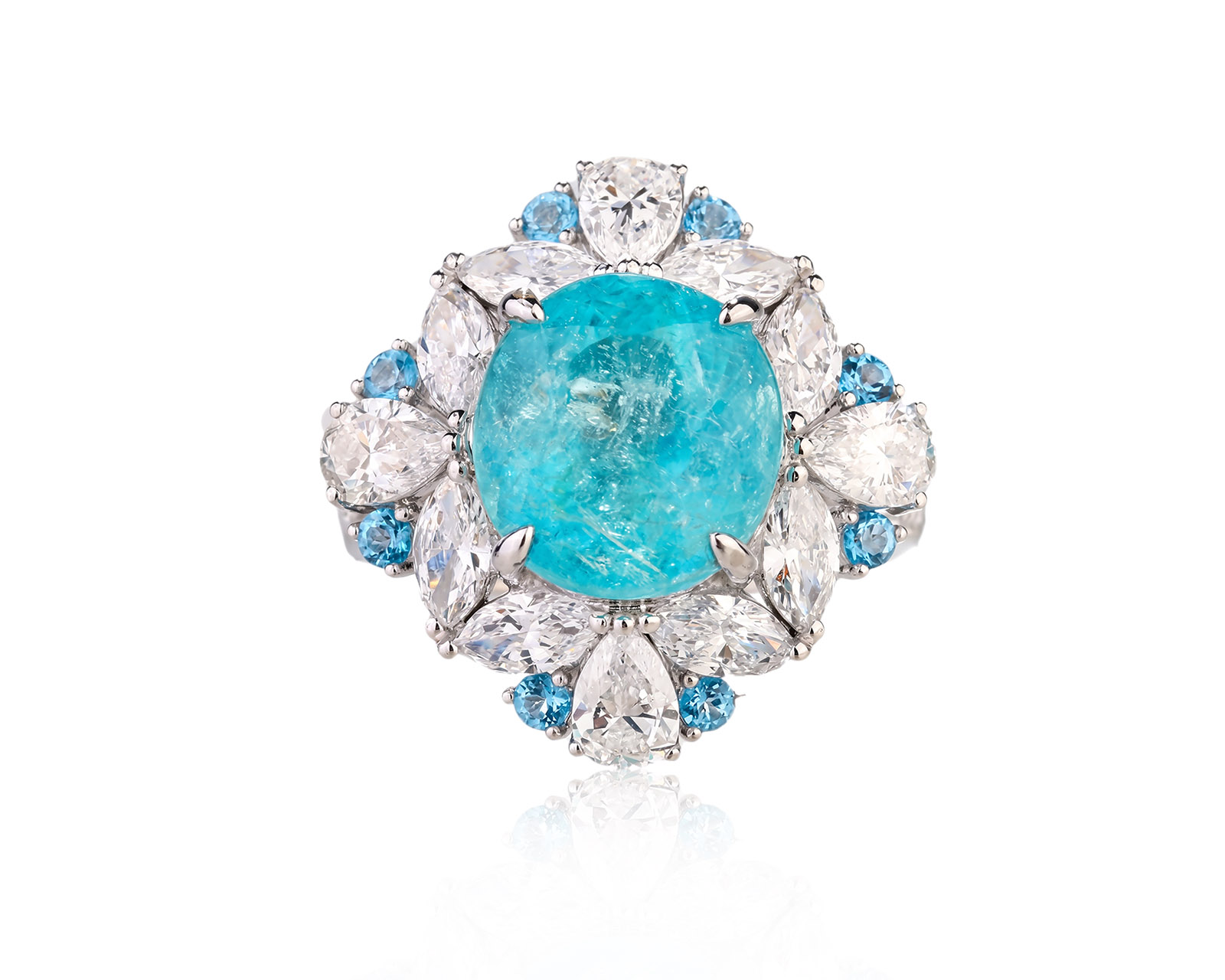 Платиновое кольцо с турмалином параиба 5.58ct и топазами 0.32ct