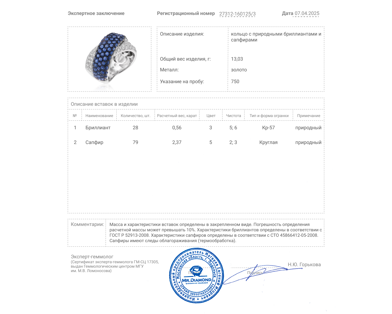 Золотое кольцо с сапфирами 2.37ct и бриллиантами 0.56ct