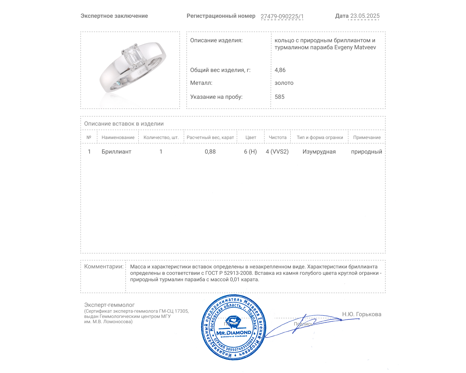 Золотое кольцо с бриллиантом 0.88ct Evgeny Matveev