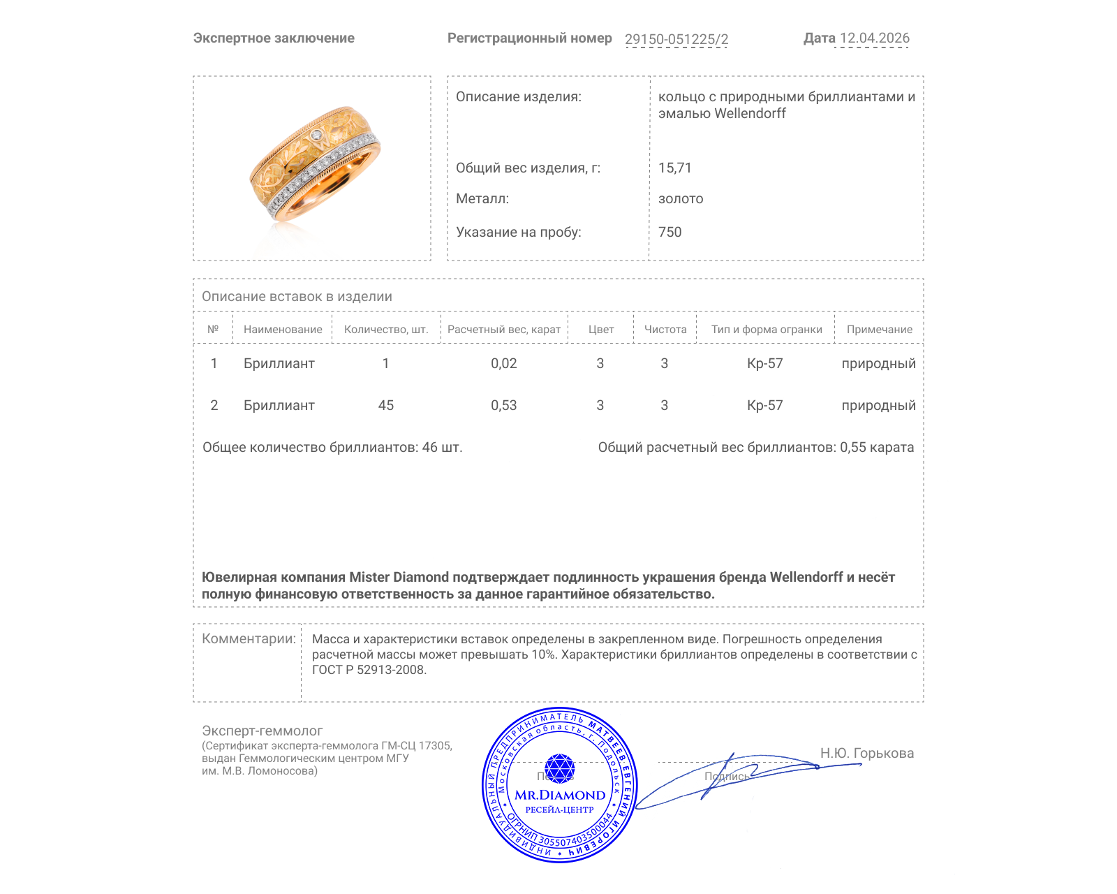Оригинальное золотое кольцо с бриллиантами 0.55ct Wellendorff
