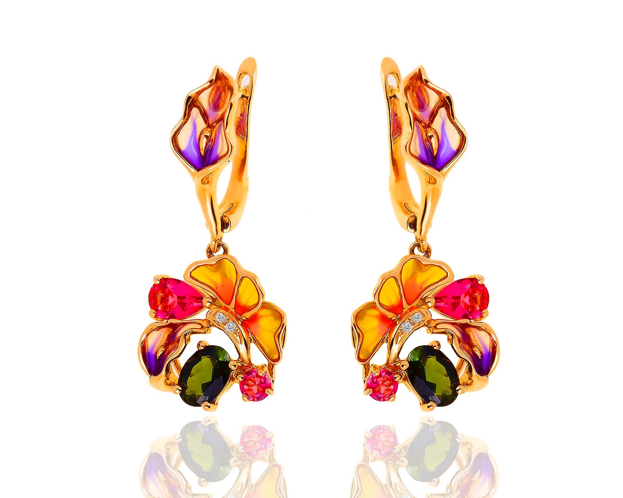 Золотые серьги с цветными камнями и бриллиантами 0.02ct 020319/18