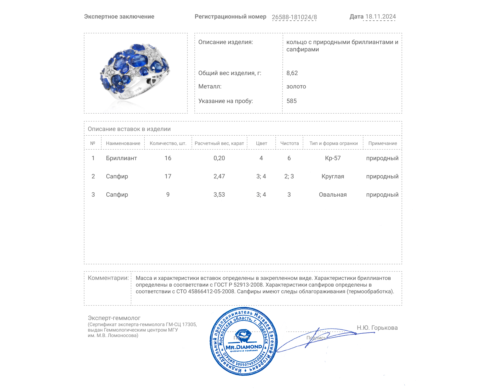 Золотое кольцо с сапфирами 6.00ct и бриллиантами 0.20ct