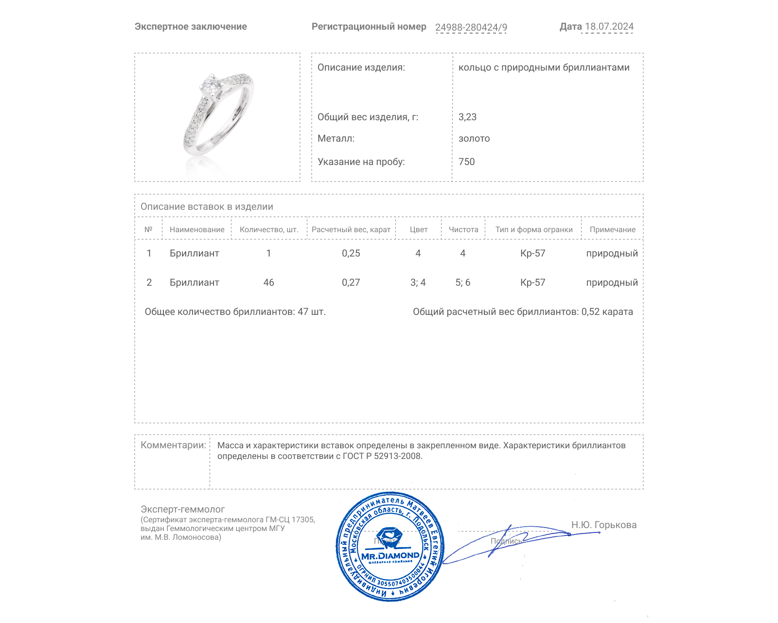 Золотое кольцо с бриллиантами 0.52ct