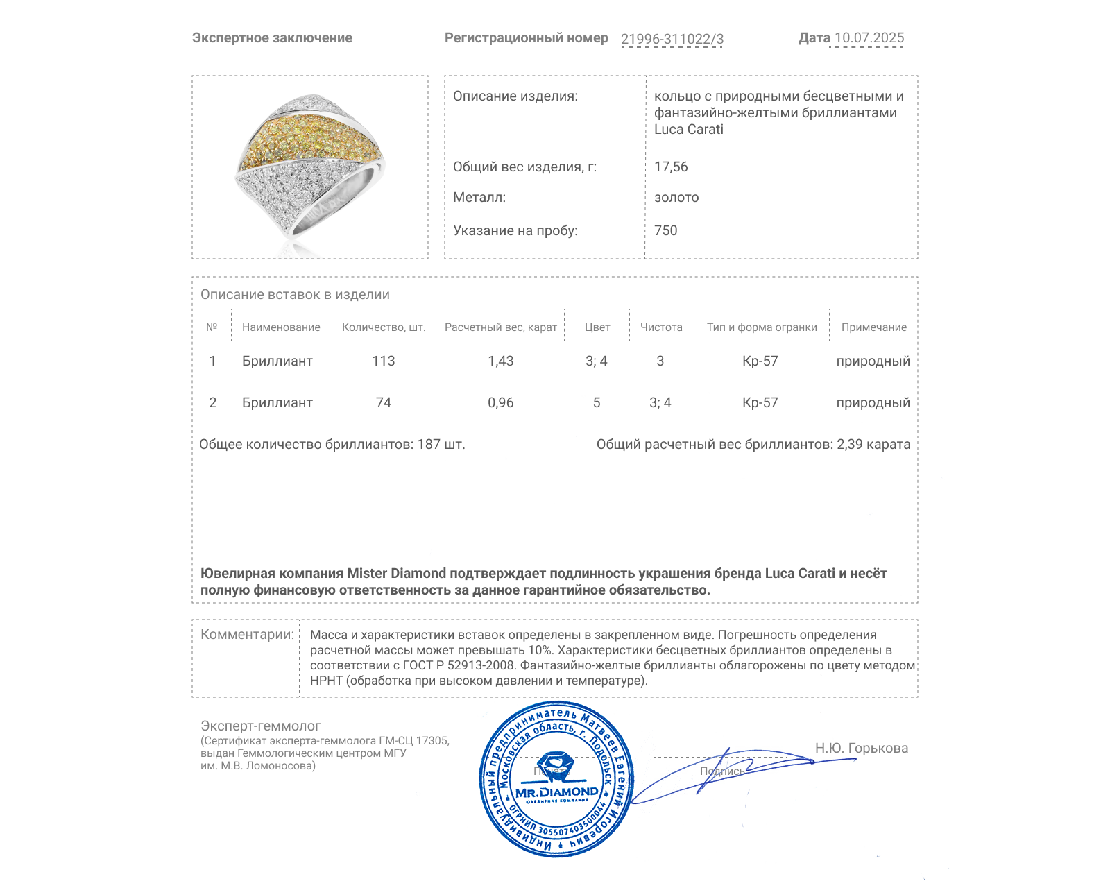 Оригинальное золотое кольцо c бриллиантами 2.39ct Luca Carati