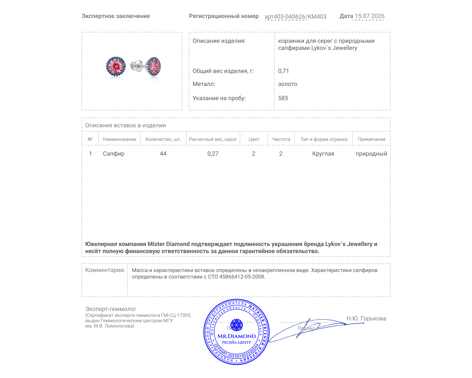 Оригинальные золотые серьги с розовой шпинелью 1.07ct Lykov`s Jewellery
