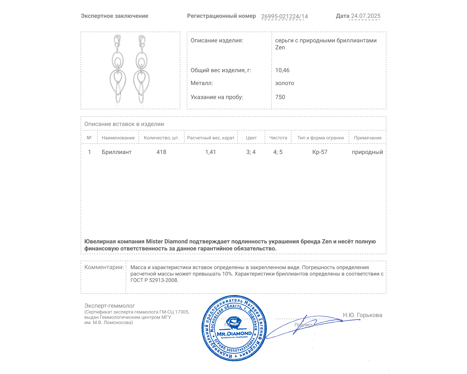 Оригинальные золотые серьги с бриллиантами 1.41ct Zen