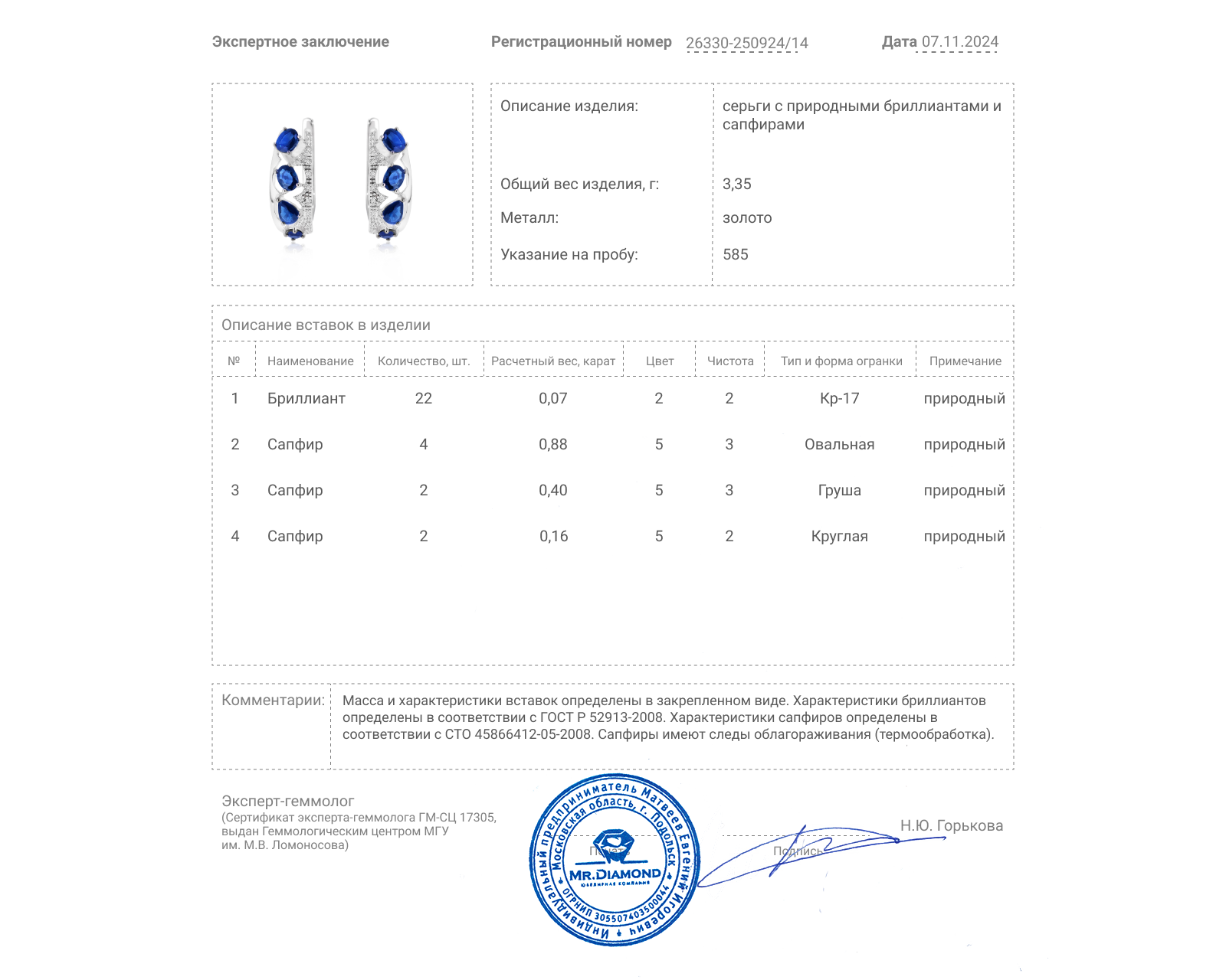 Золотые серьги с сапфирами 1.44ct и бриллиантами 0.07ct