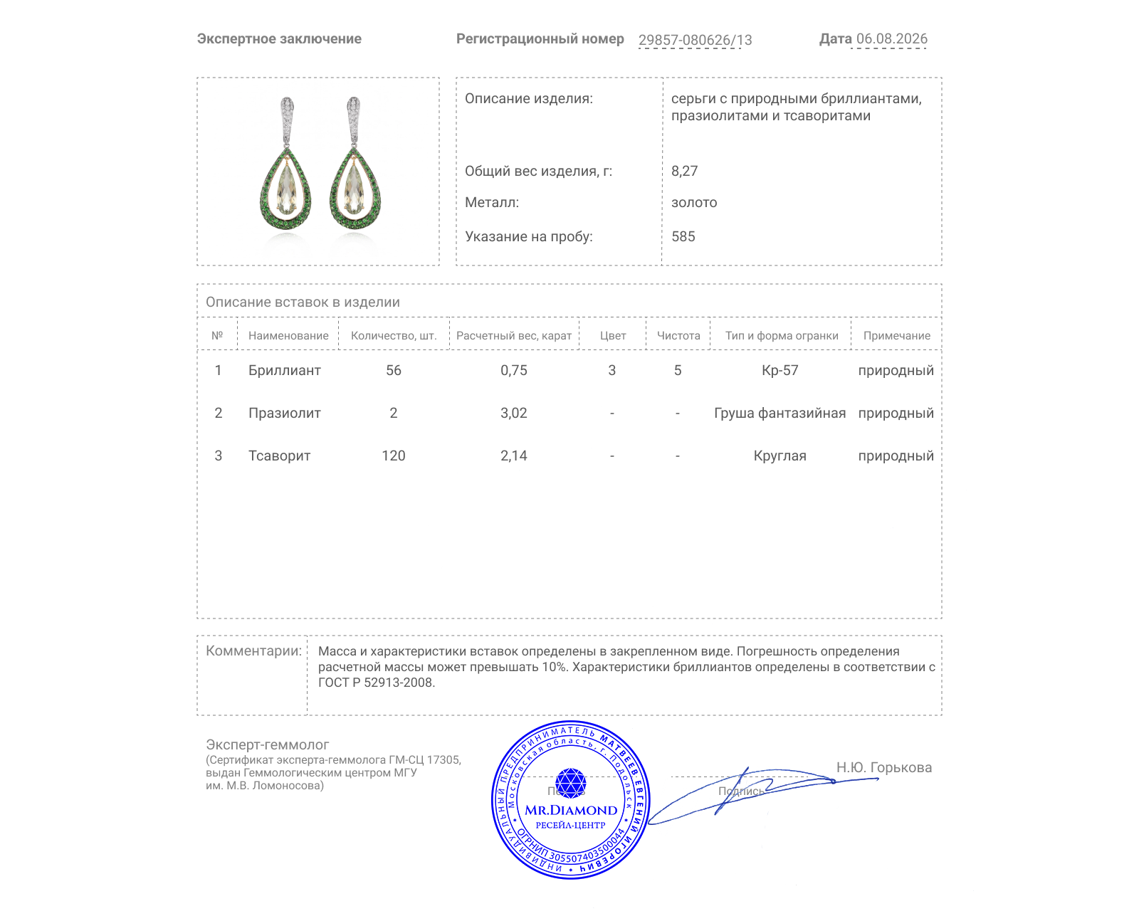 Золотые серьги с празиолитами 3.02ct и тсаворитами 2.14ct