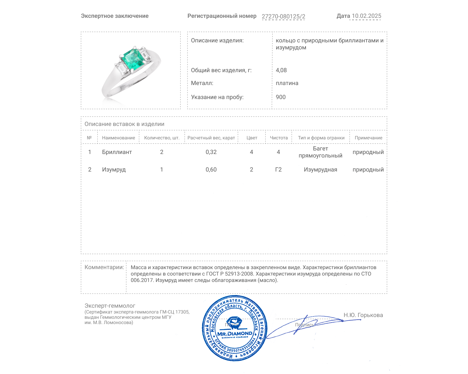 Платиновое кольцо с изумрудом 0.60ct и бриллиантами 0.32ct