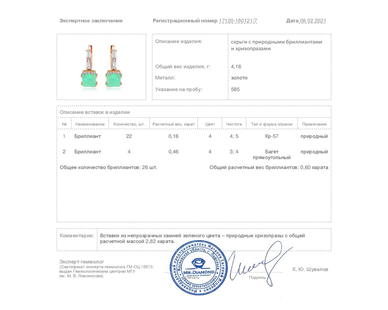 Очаровательные золотые серьги с хризопразами 2.82ct