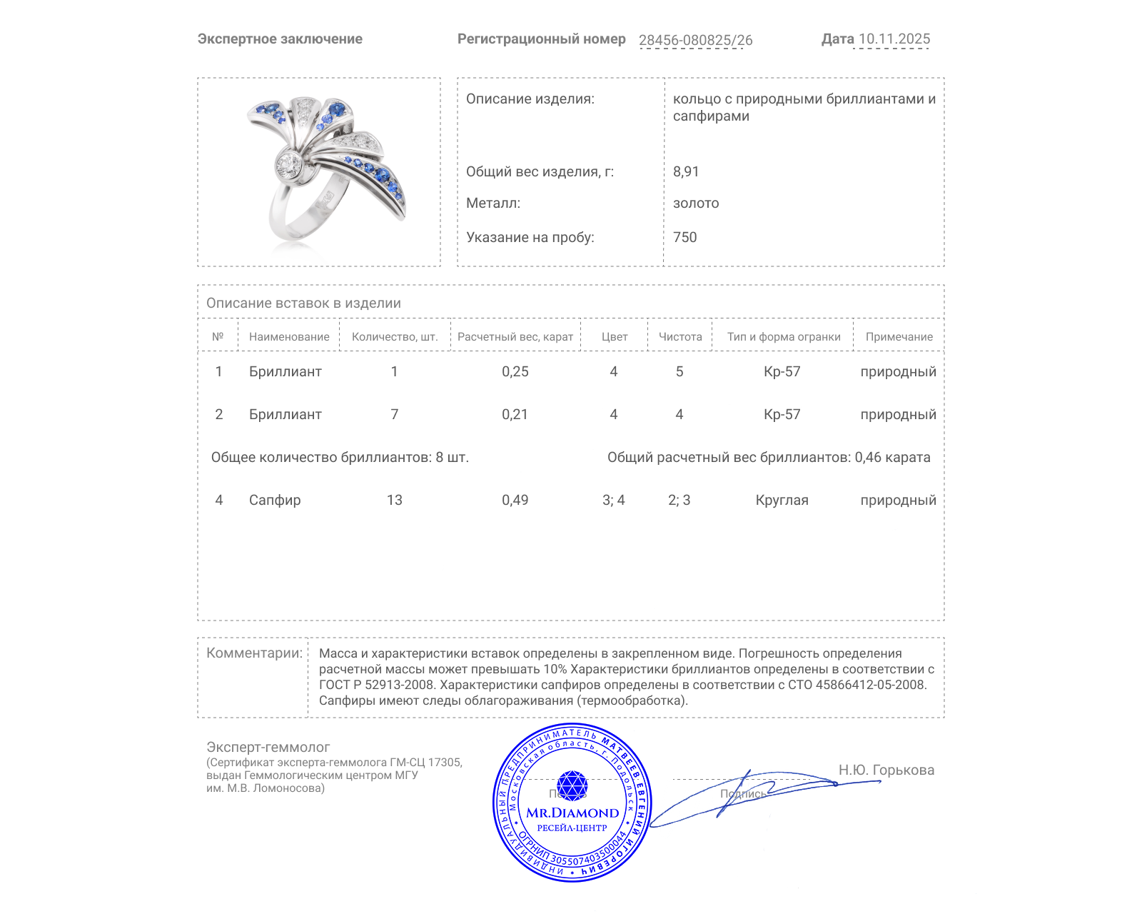 Золотое кольцо с сапфирами 0.49ct и бриллиантами 0.46ct