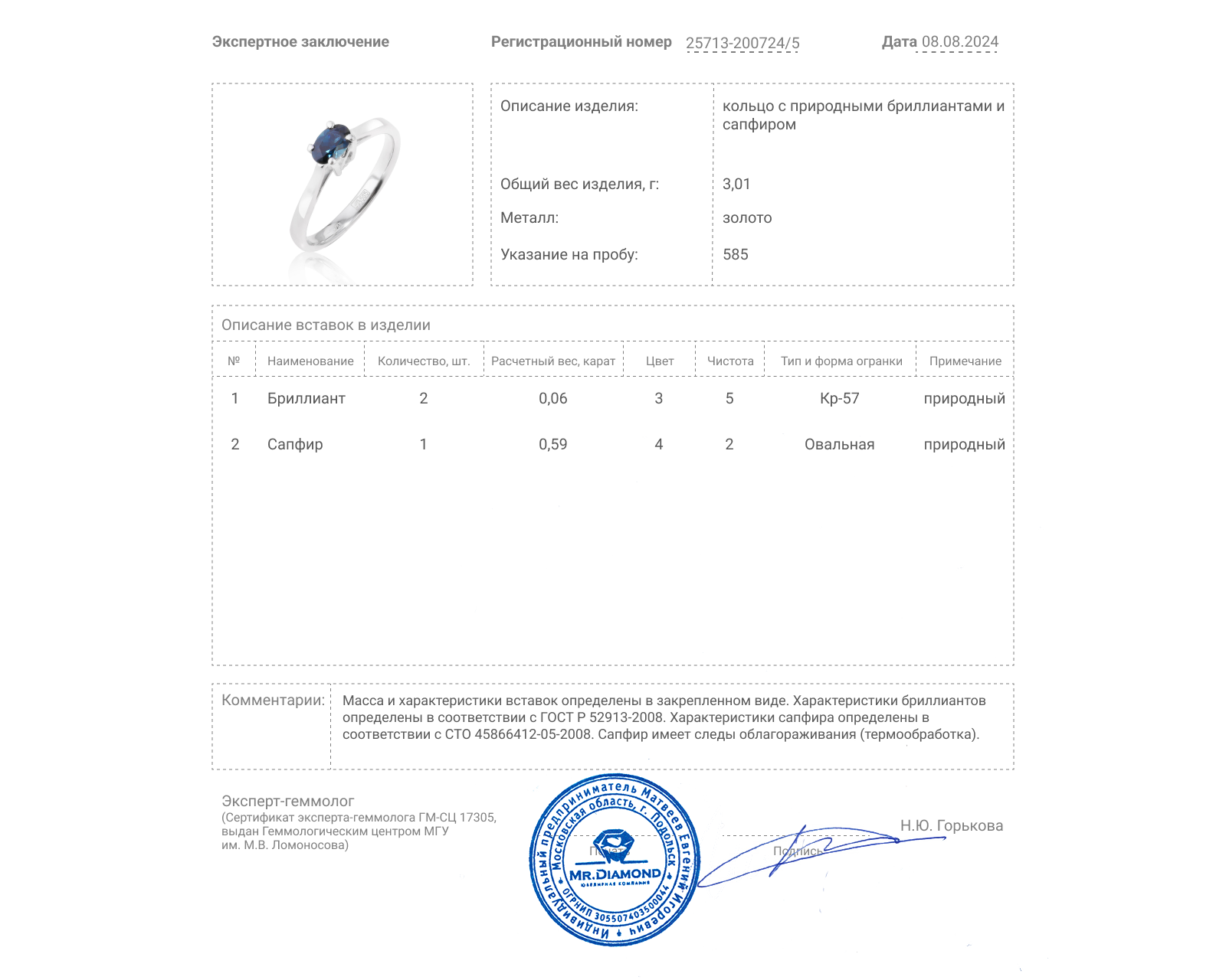 Золотое кольцо с сапфиром 0.59ct и бриллиантами 0.06ct