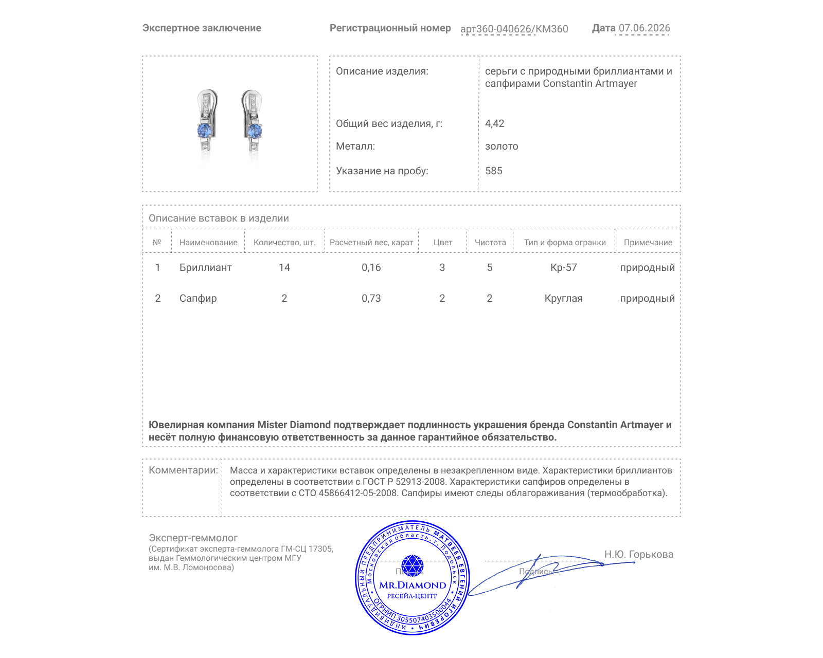 Оригинальные золотые серьги с сапфирами 0.73ct Constantin Artmayer