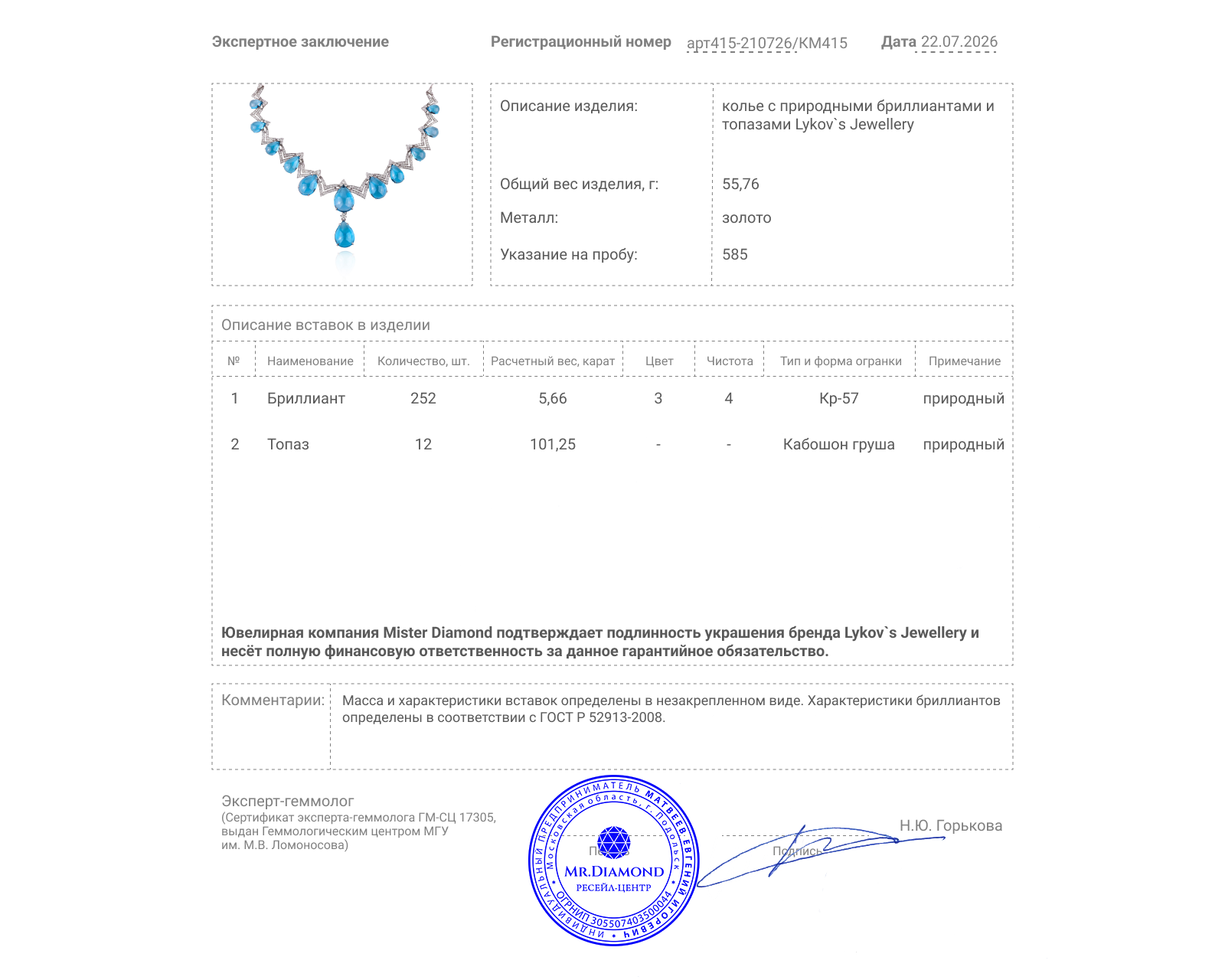 Оригинальное золотое колье с топазами 101.25ct Lykov`s Jewellery