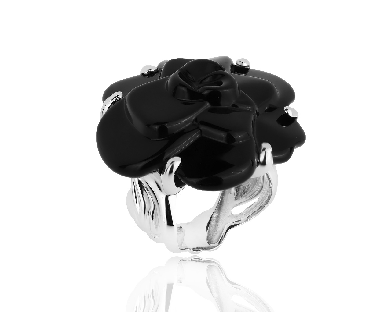 Оригинальное золотое кольцо с ониксом Chanel Camelia 100719/6
