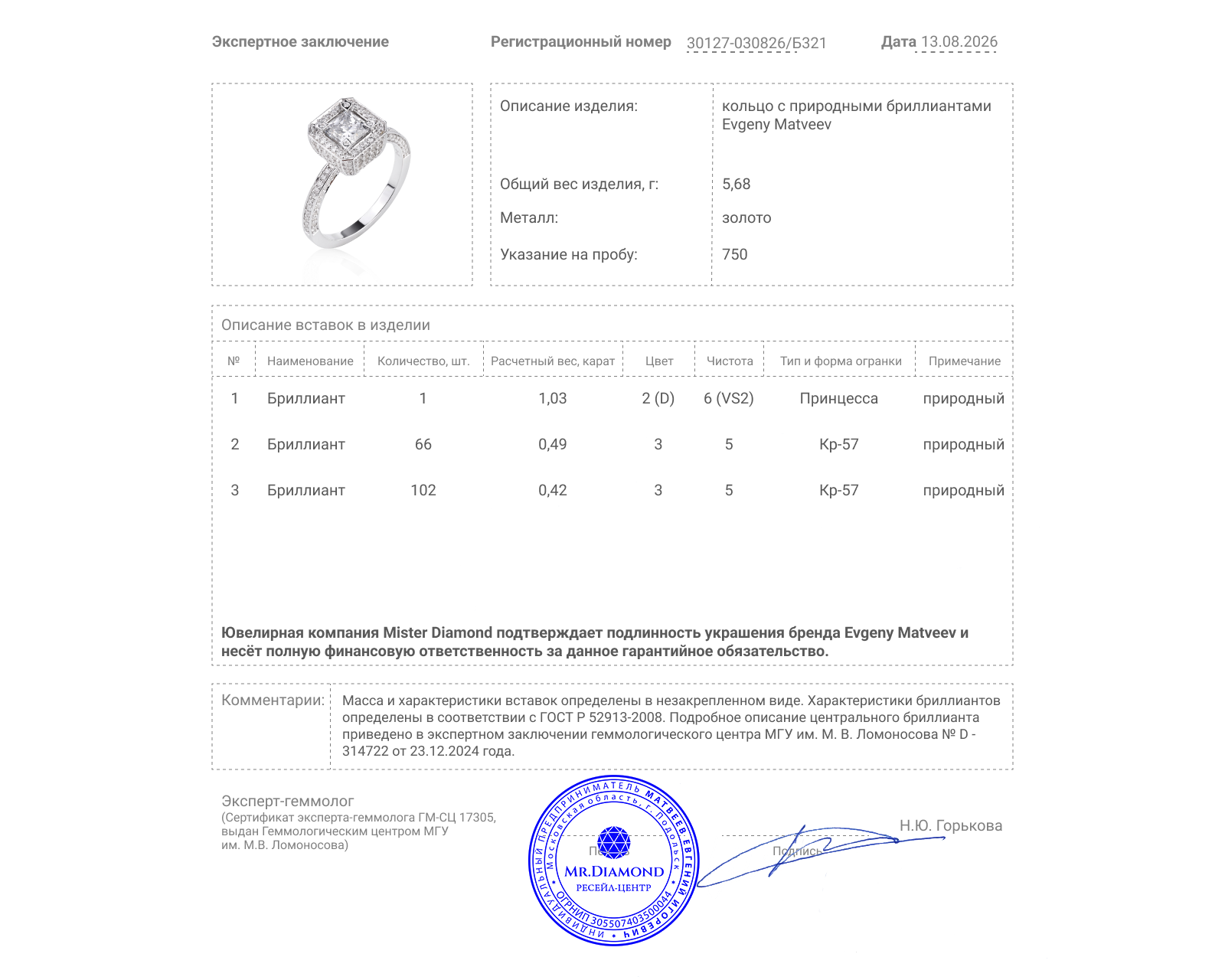 Золотое кольцо с бриллиантами 1.94ct Evgeny Matveev