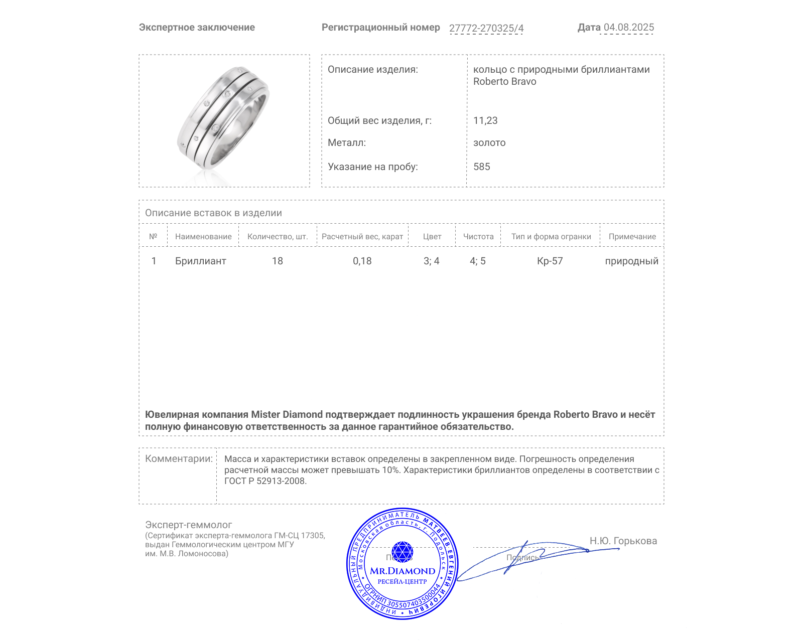 Оригинальное золотое кольцо Roberto Bravo Amore Infinito
