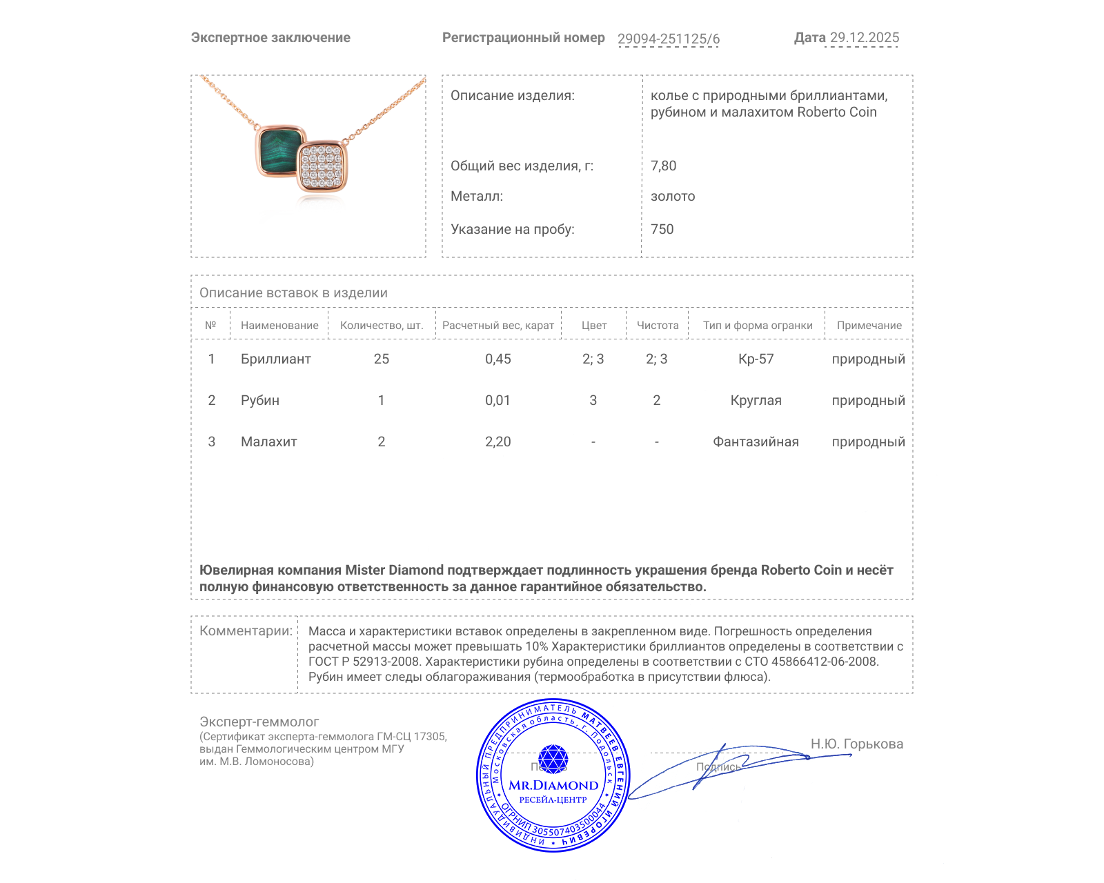 Оригинальное золотое колье с малахитом 2.20ct Roberto Coin