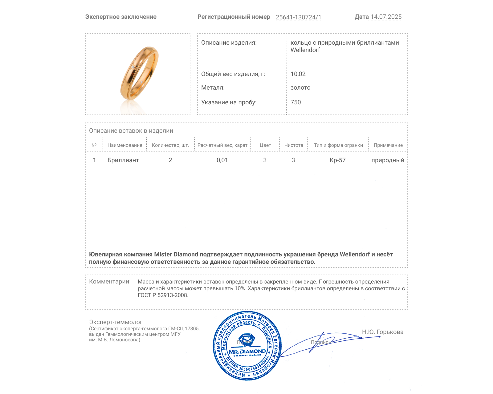 Оригинальное золотое кольцо с бриллиантами 0.01ct Wellendorf