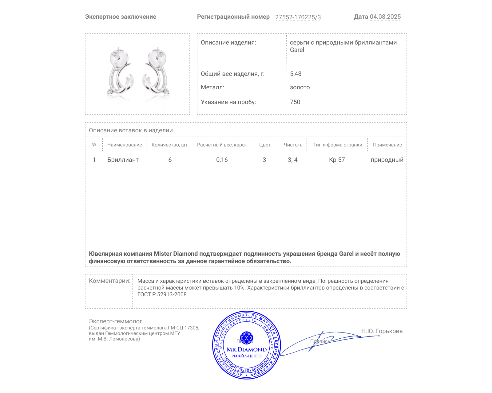 Оригинальные золотые серьги с бриллиантами 0.16ct Garel